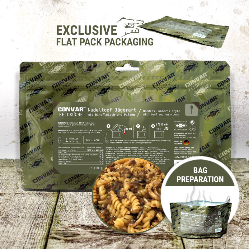 CONVAR Feldkuche Noodle pot hunter style with beef and mushrooms (12 Pieces per Box)